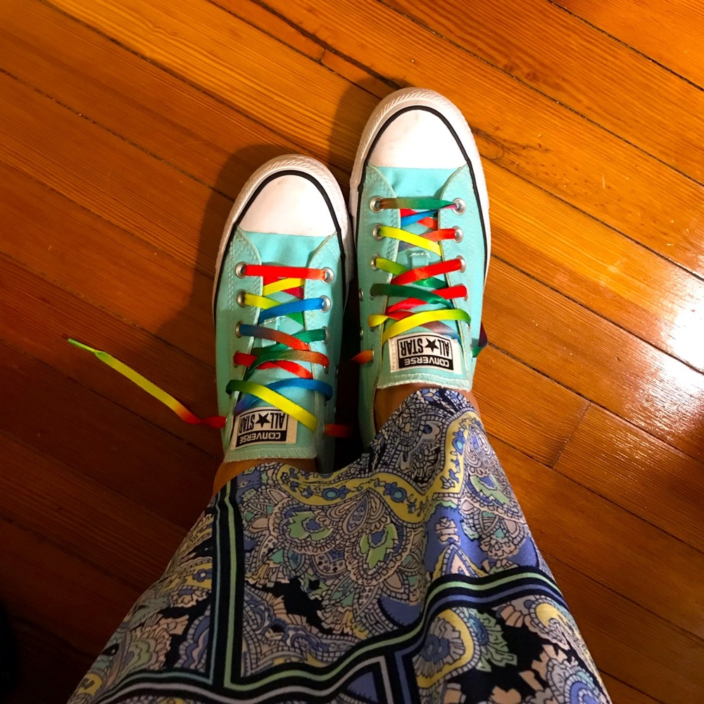 Green Converse All Stars, with rainbow laces 🌈
